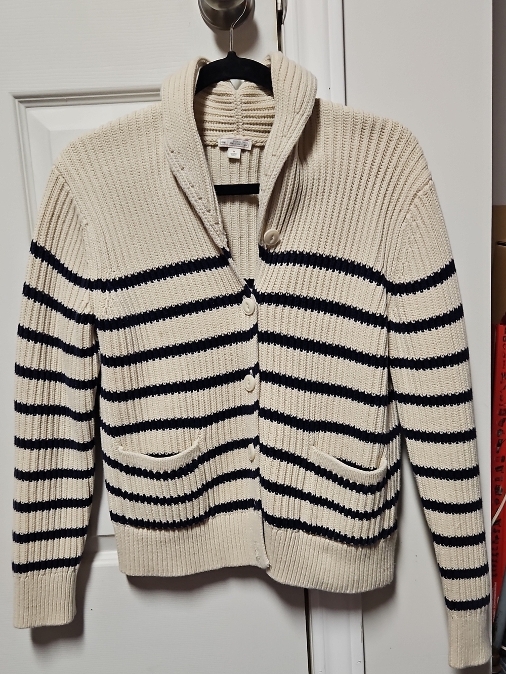 GAP Cream & Navy Striped Button-Up Shawl Collar Cardigan